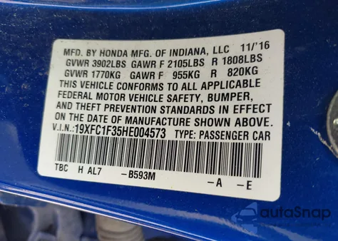 2017 Honda Civic Ex-T из США, поврежденный, VIN 19XFC1F35HE004573